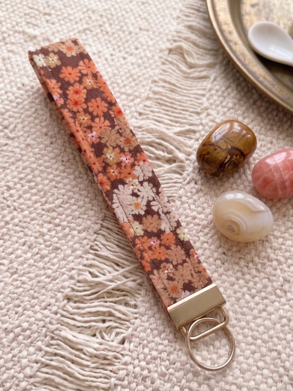 New Handmade Fall Autumn Ditsy Daisy Floral Brown Orange Fabric Key Fob Wristlet
